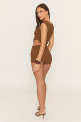 Brown Textured Asymmetric Top and Shorts Co-ord Set - Marea