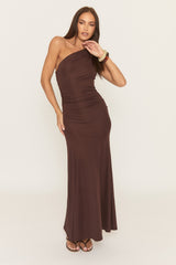 Chocolate One Shoulder Ruched Maxi Dress - Lyon