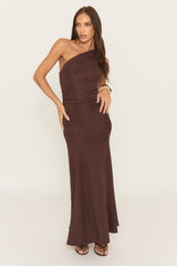 Chocolate One Shoulder Ruched Maxi Dress - Lyon