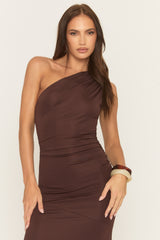 Chocolate One Shoulder Ruched Maxi Dress - Lyon