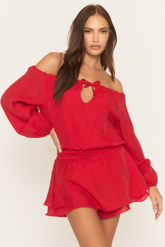 Red Long Sleeve Skort Playsuit - Bayleigh