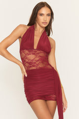 Wine Lace Insert Tie Side Mini Dress - Cannes