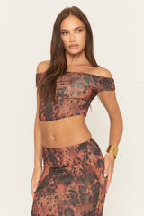 Brown Leopard Print Bardot Top and Maxi Skirt Co-Ord Set - Mhaira