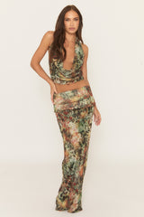 Green Animal Print Mesh Cowl Top and Maxi Skirt Co-ord Set - Prita