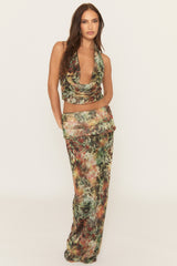 Green Animal Print Mesh Cowl Top and Maxi Skirt Co-ord Set - Prita