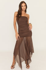 Chocolate Bandeau Asymmetric Waterfall Hem Mesh Maxi Dress - Liane