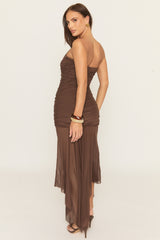 Chocolate Bandeau Asymmetric Waterfall Hem Mesh Maxi Dress - Liane