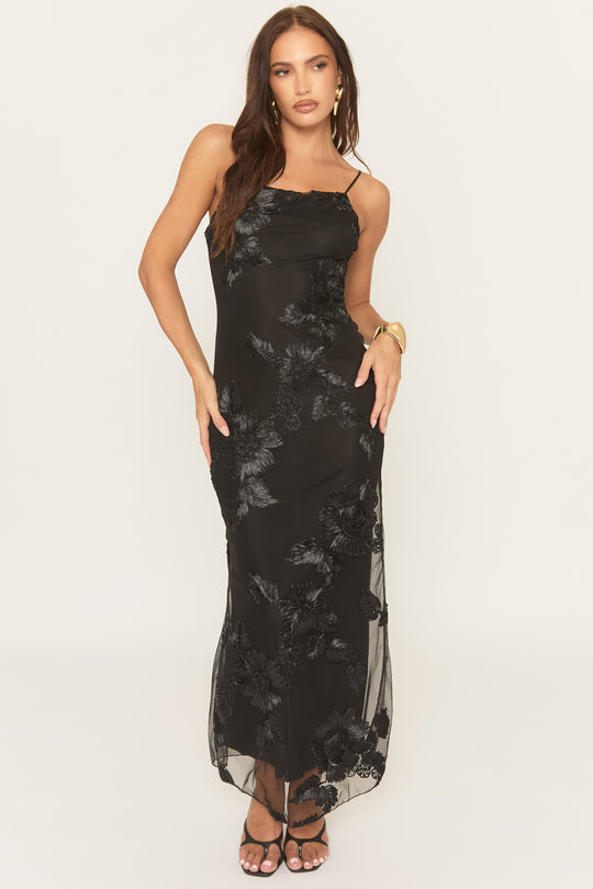 Black Scoop Neck Embellished Maxi Dress - Ylena