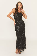 Black Scoop Neck Embellished Maxi Dress - Ylena