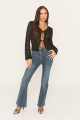 Black Floral Lace Tie Front Shirt - Ramella