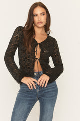 Black Floral Lace Tie Front Shirt - Ramella