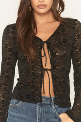 Black Floral Lace Tie Front Shirt - Ramella