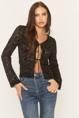 Black Floral Lace Tie Front Shirt - Ramella
