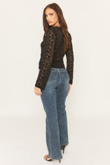 Black Floral Lace Tie Front Shirt - Ramella