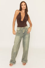 Chocolate Gold Trim Cowl Top - Alfie