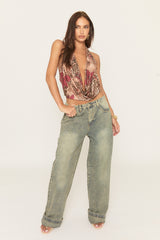 Wine Floral Print Leopard Cowl Top - Nevie