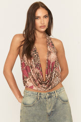Wine Floral Print Leopard Cowl Top - Nevie