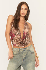 Wine Floral Print Leopard Cowl Top - Nevie