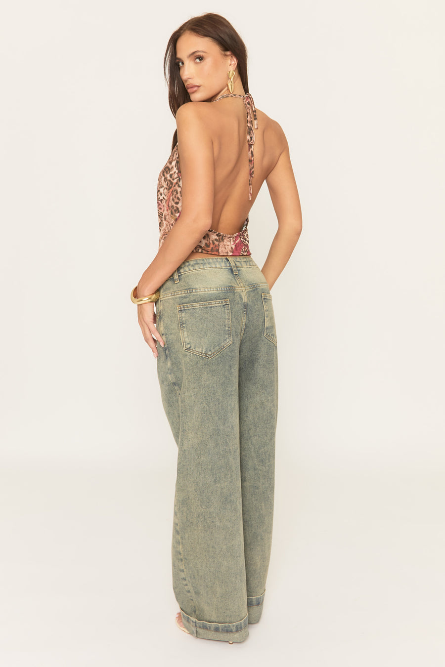 Wine Floral Print Leopard Cowl Top - Nevie