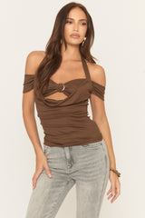 Chocolate Bardot Cowl Halter Trim Detail Top - Orlene