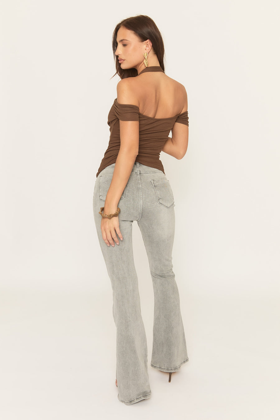 Chocolate Bardot Cowl Halter Trim Detail Top - Orlene
