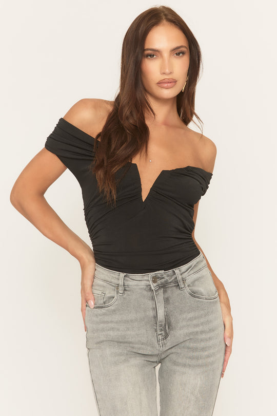 Black V Detail Ruched Bodysuit - Daisee