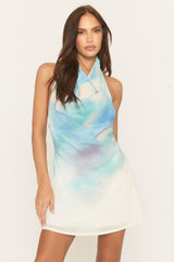 Blue Floral Print Cowl Neck Mini Dress - Argen