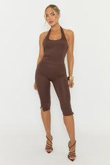 Chocolate Halterneck Square Neck Capri Jumpsuit - Renelle