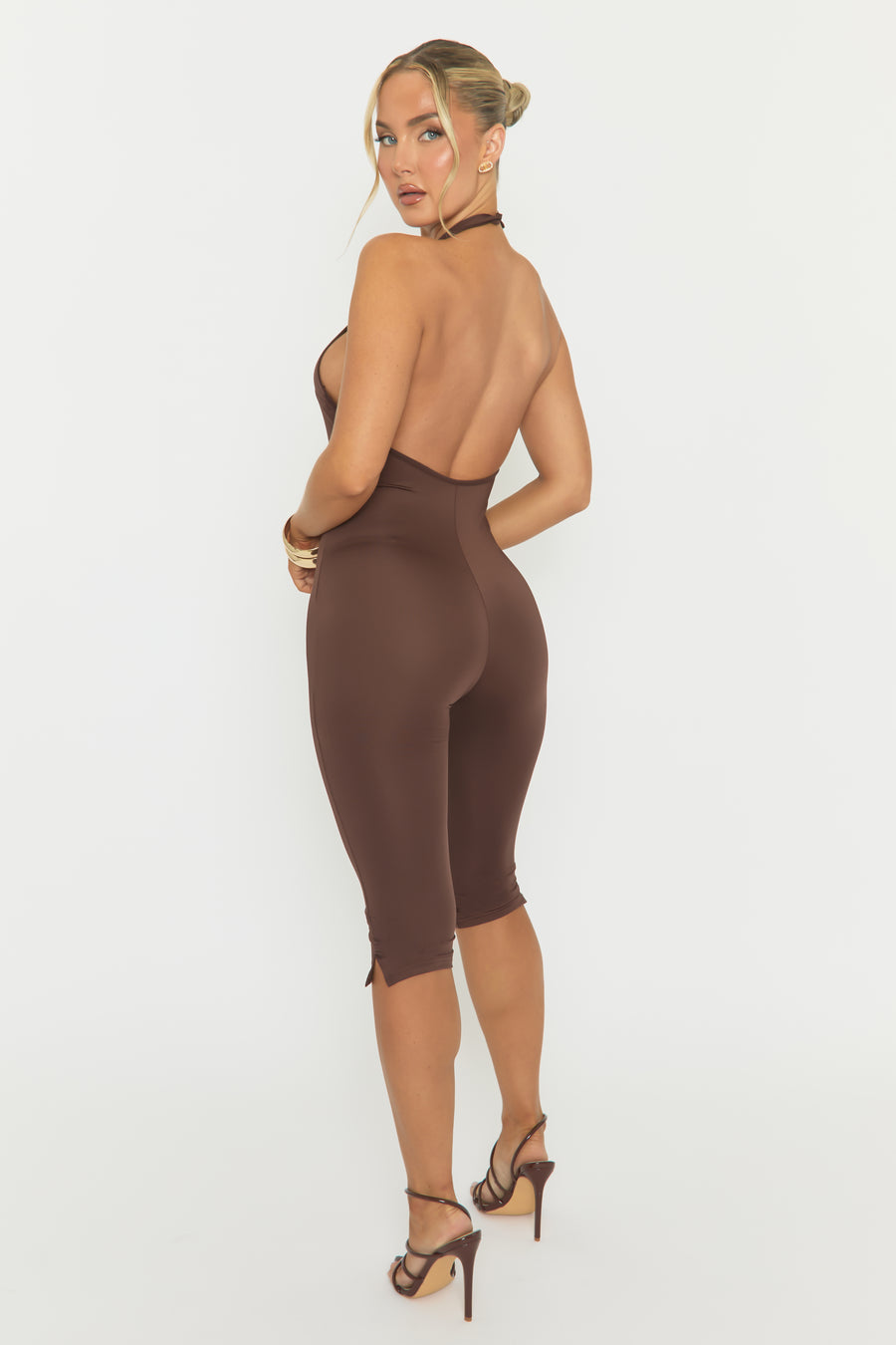 Chocolate Halterneck Square Neck Capri Jumpsuit - Renelle