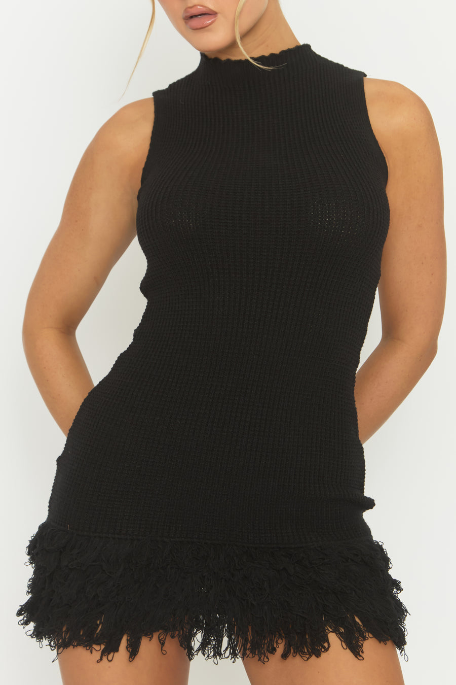 Black Fringed Hem Knit Mini Dress - Rebekka