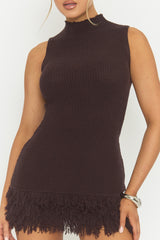 Chocolate Fringed Hem Knit Mini Dress - Rebekka