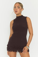 Chocolate Fringed Hem Knit Mini Dress - Rebekka