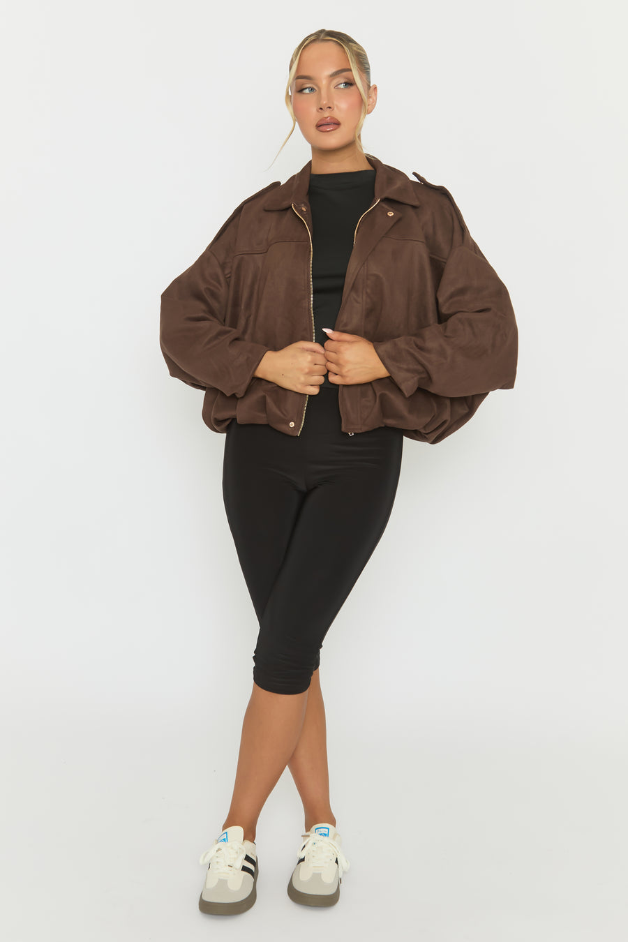 Chocolate Brown Suede Bomber Jacket - Imane
