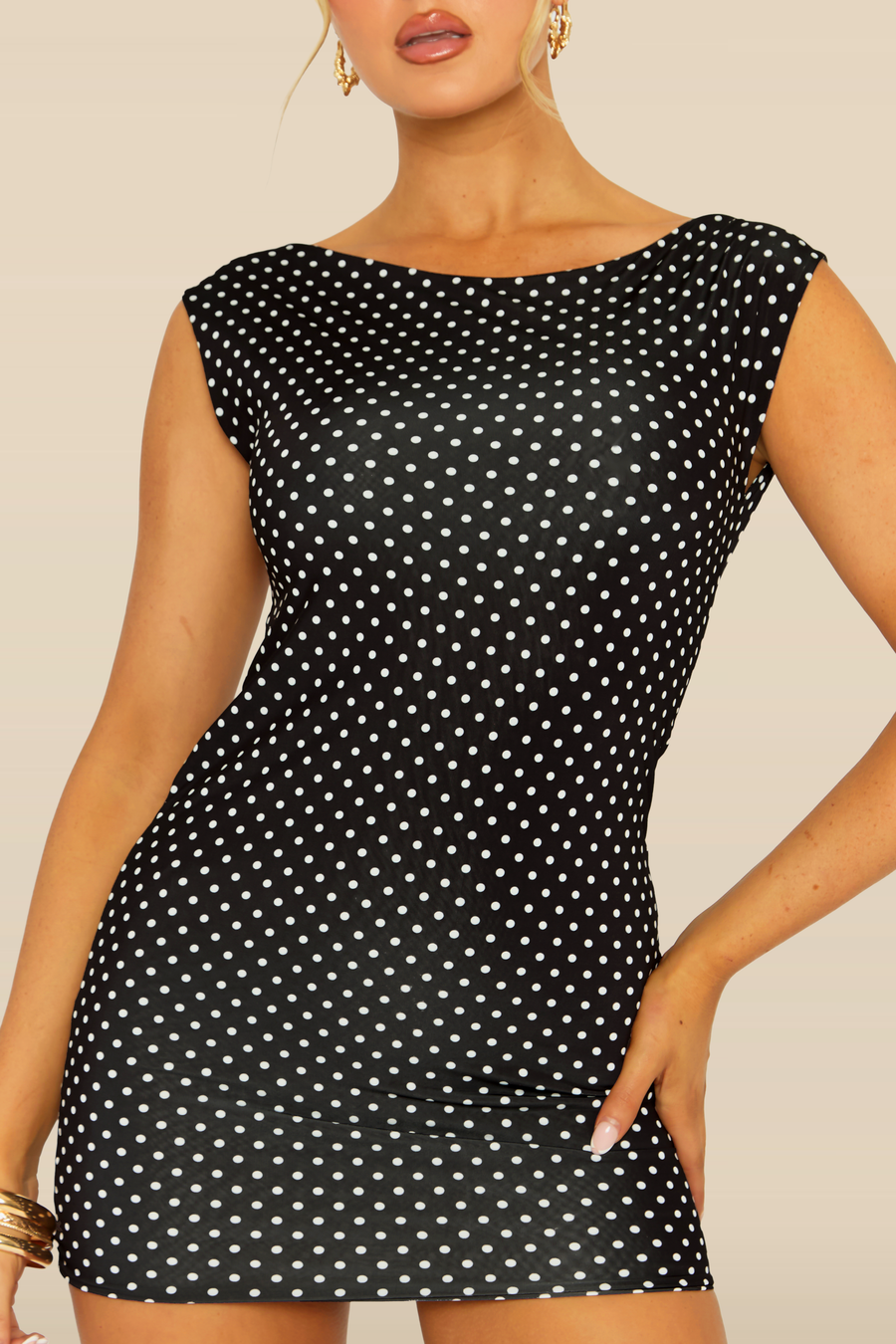 Black Polka Dot Boat Neck Backless Bodycon Mini Dress - Jadey