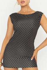 Black Polka Dot Boat Neck Backless Bodycon Mini Dress - Jadey