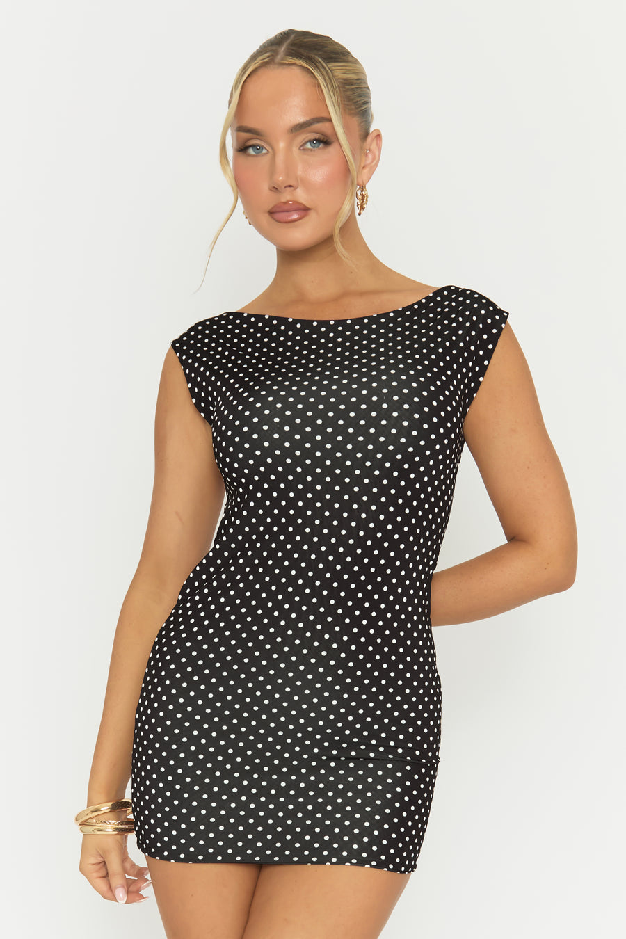 Black Polka Dot Boat Neck Backless Bodycon Mini Dress - Jadey