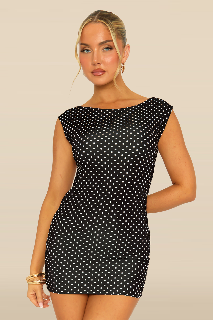 Black Polka Dot Boat Neck Backless Bodycon Mini Dress - Jadey