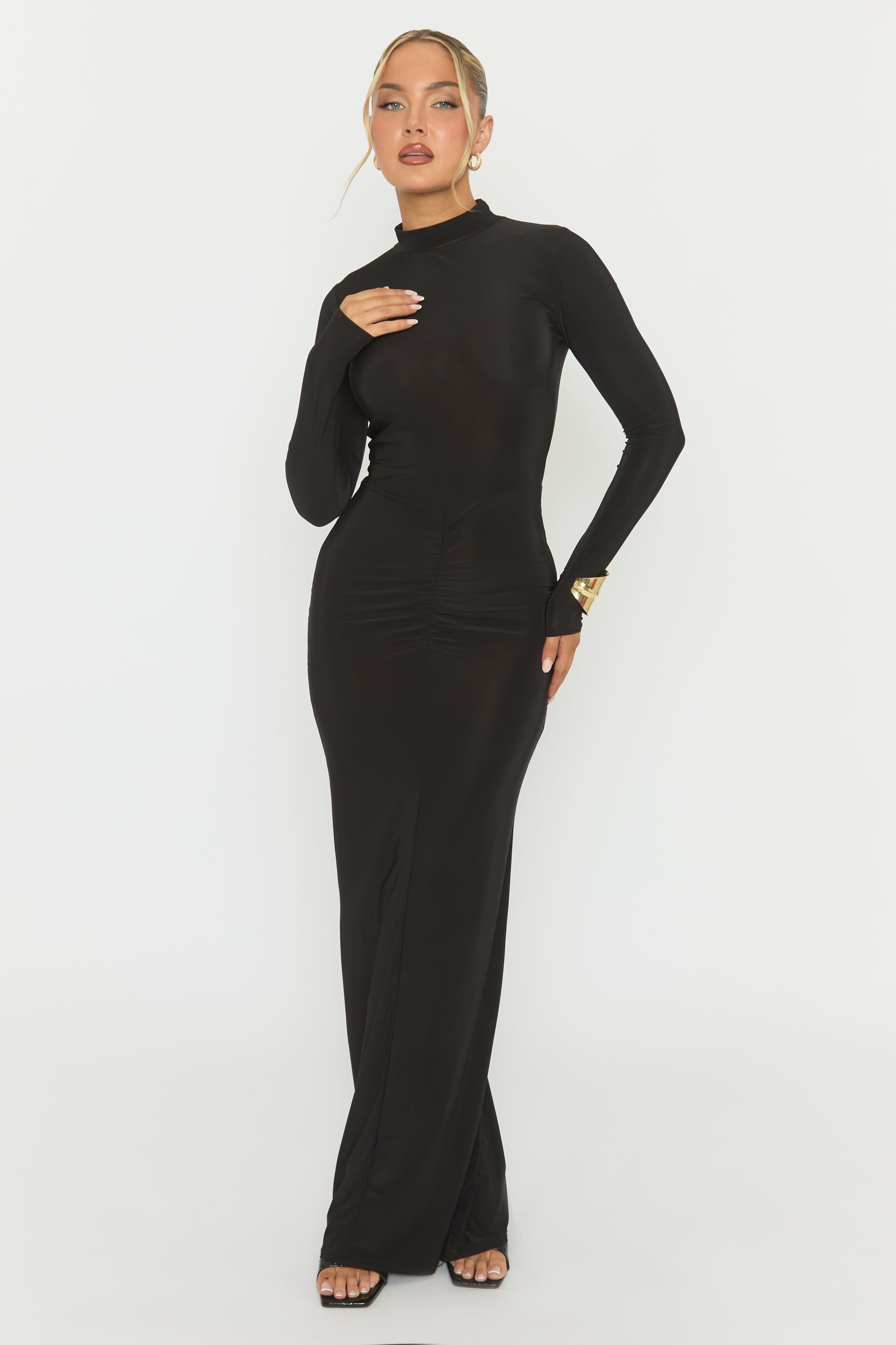 Black Long Sleeve Ruched Maxi Dress
