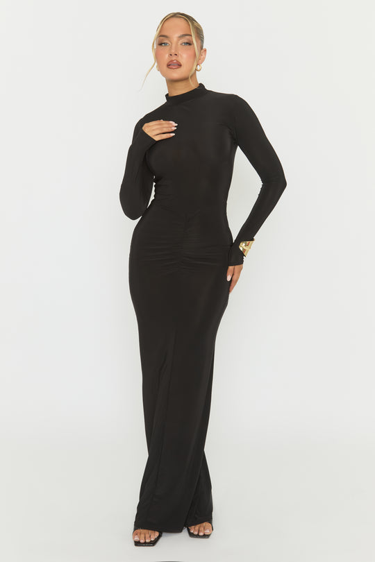 Black Long Sleeve Ruched Maxi Dress - Denza