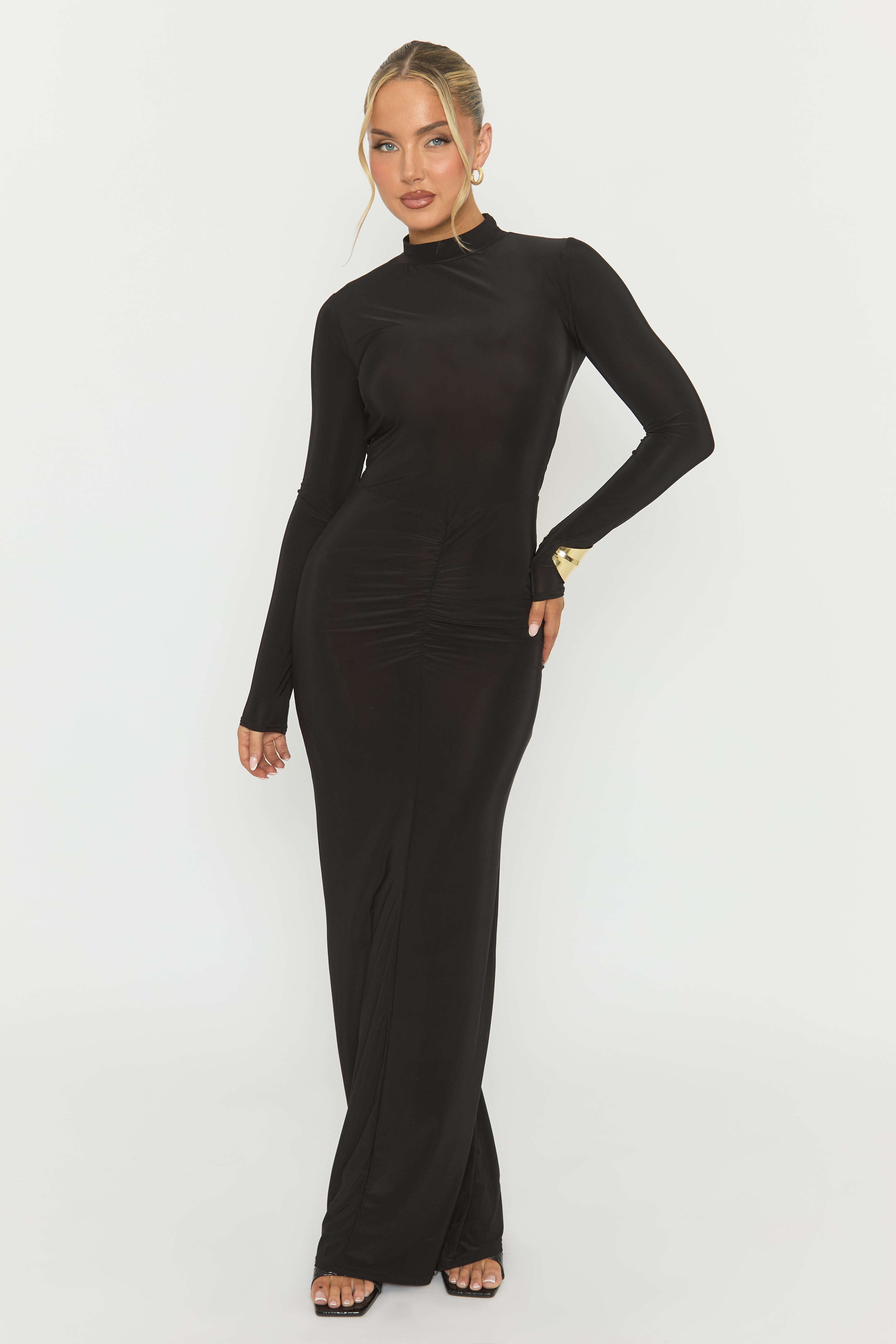Black Long Sleeve Ruched Maxi Dress | Dresses | Rebellious Fashion Black Long Sleeve Ruched Maxi Dress | Dresses | Rebellious Fashion