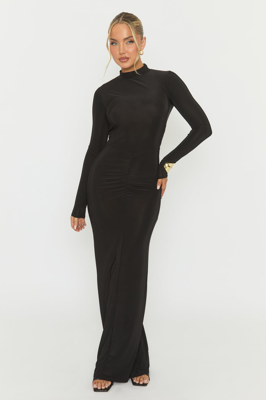 Black Long Sleeve Ruched Maxi Dress - Denza