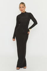 Black Long Sleeve Ruched Maxi Dress - Denza