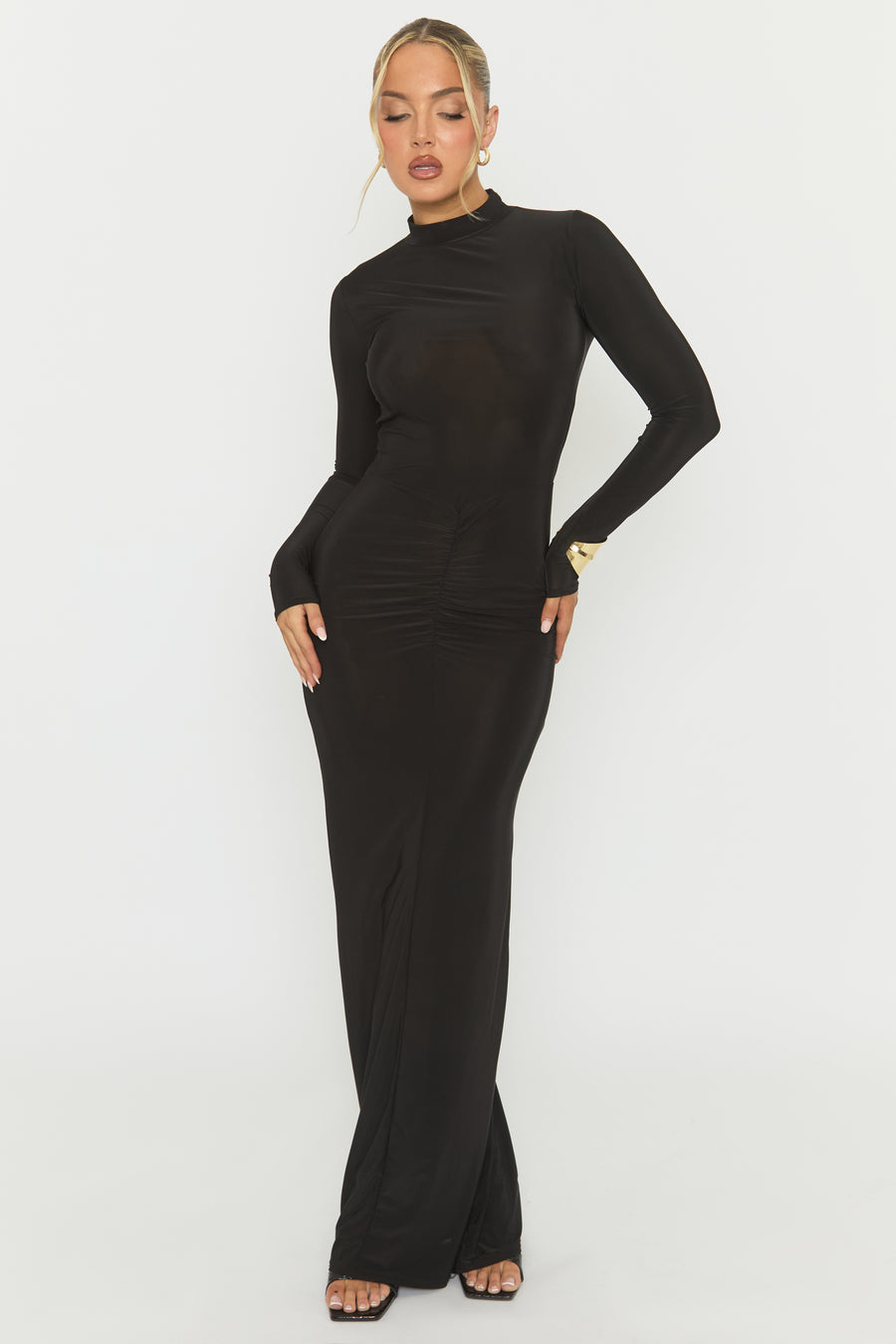 Black Long Sleeve Ruched Maxi Dress - Denza