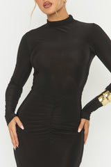Black Long Sleeve Ruched Maxi Dress - Denza