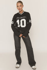 Black Long Sleeve Oversized Varsity Football T-shirt - Kamisa