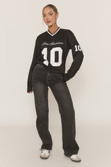 Black Long Sleeve Oversized Varsity Football T-shirt - Kamisa