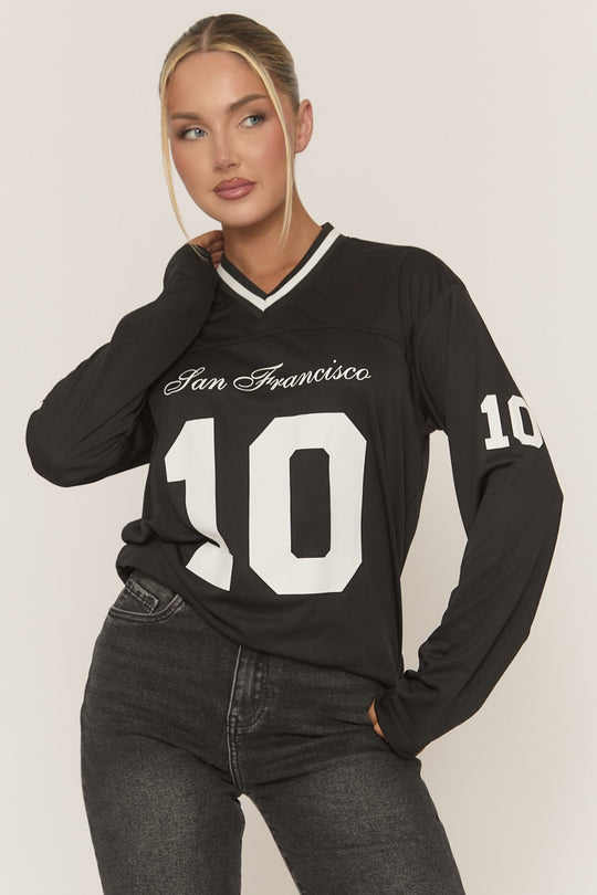 Black Long Sleeve Oversized Varsity Football T-shirt - Kamisa