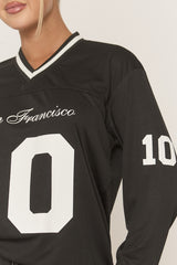 Black Long Sleeve Oversized Varsity Football T-shirt - Kamisa