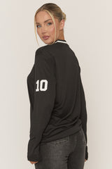 Black Long Sleeve Oversized Varsity Football T-shirt - Kamisa