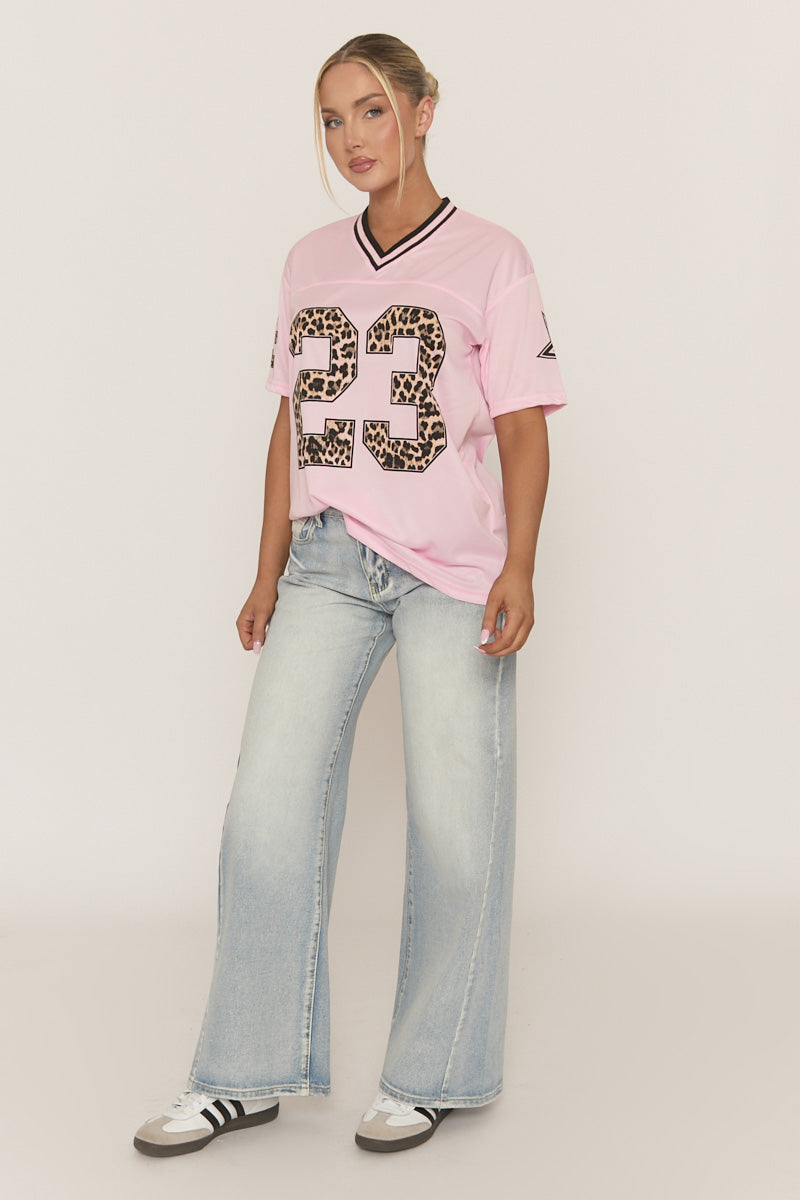 Pink Leopard Print Oversized Varsity Football T-Shirt - Arla